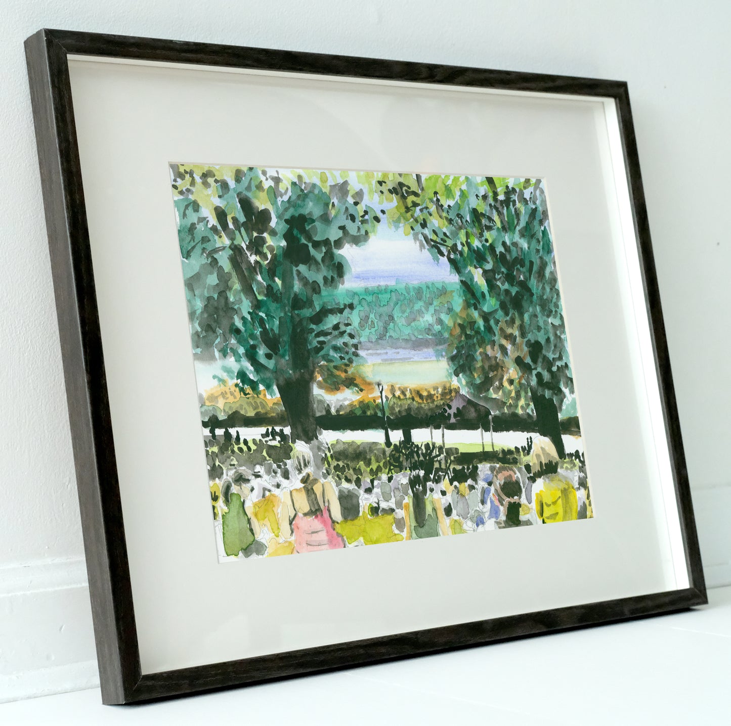 Crowd on Billings Lawn, Fort Tryon, Watercolor, Plein Air, Hudson River, River Scene