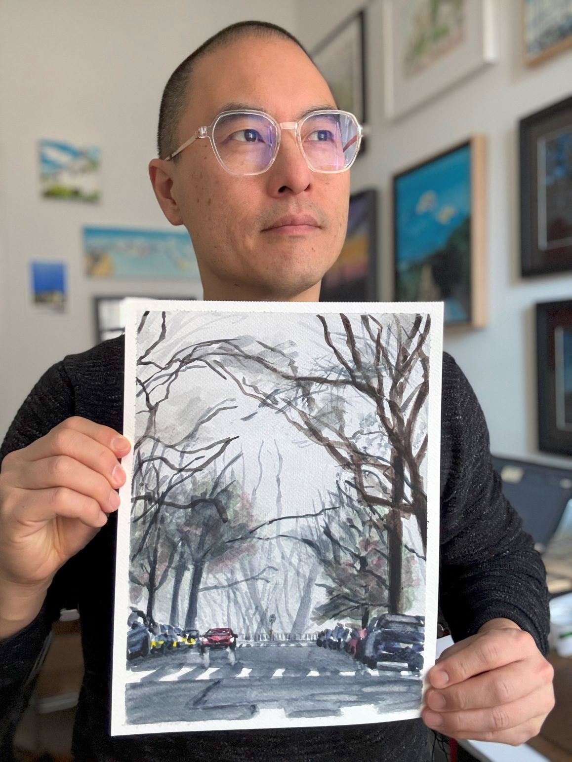 The Fog Is Here, 190th Street, NYC, watercolor painting