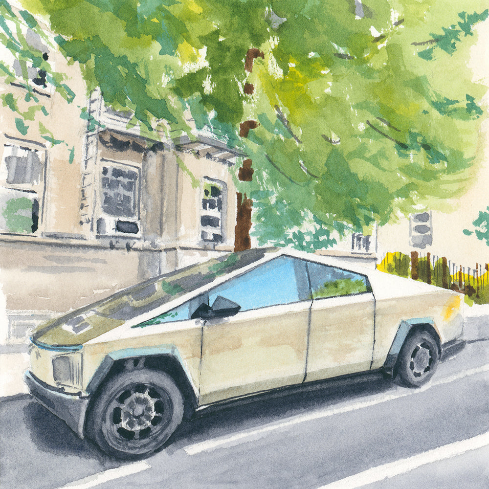 Cybertruck Gets a Ticket, NYC, watercolor painting
