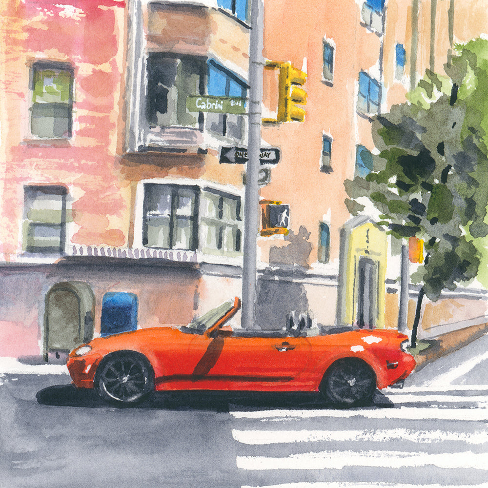 Red Mazda Miata in Intersection, NYC, watercolor painting