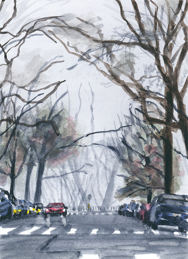 The Fog Is Here, 190th Street, NYC, watercolor painting
