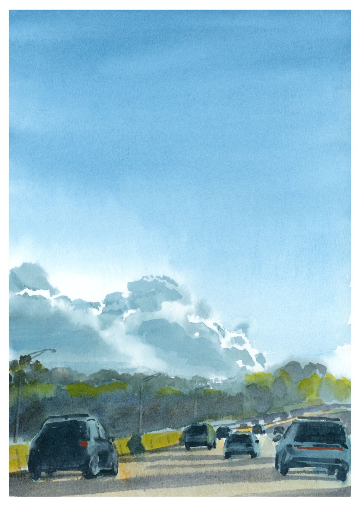 I-95 Sunset After College Dropoff, Boston, art print, watercolor