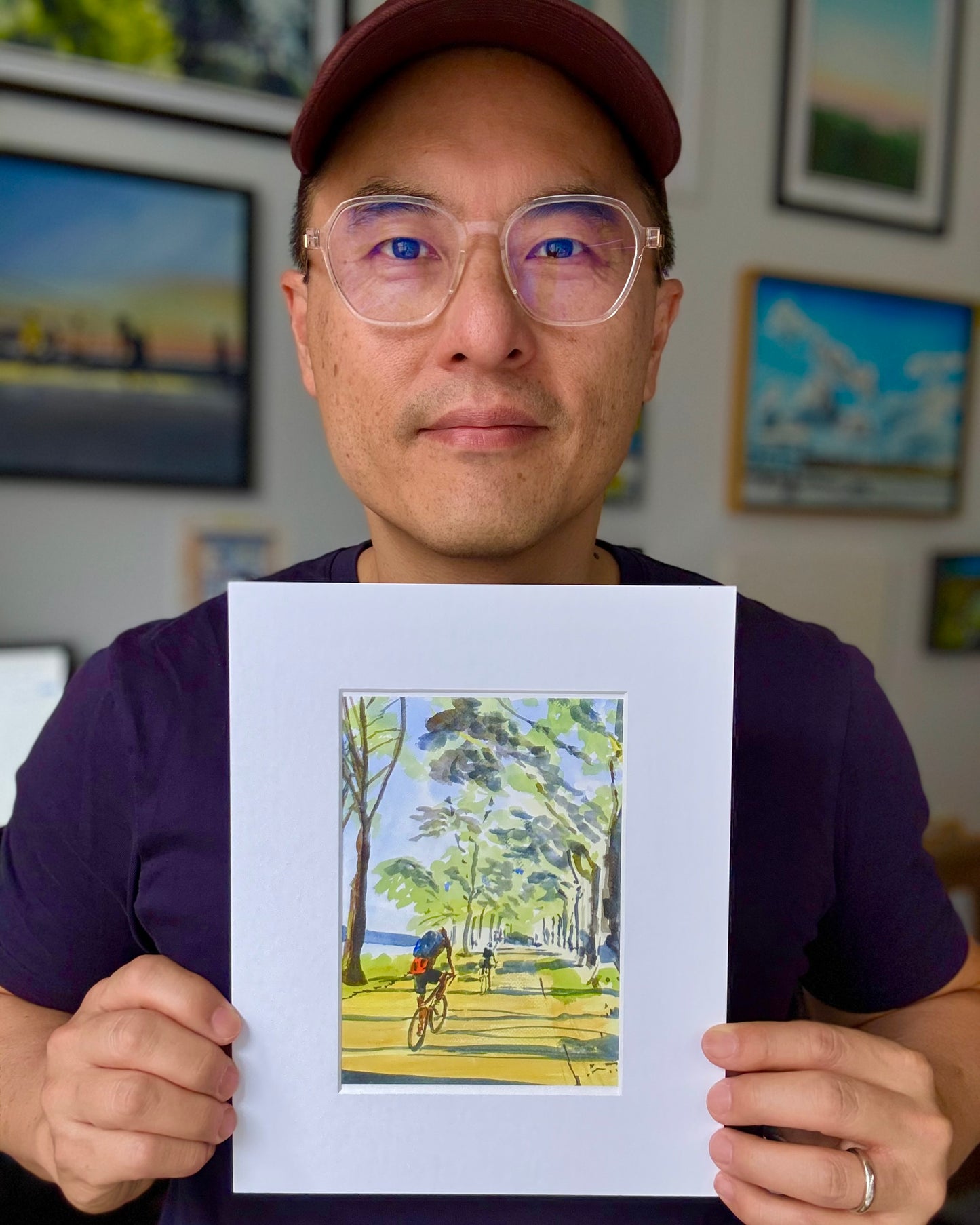 Biking in the Light, Hudson River, bikers, watercolor painting