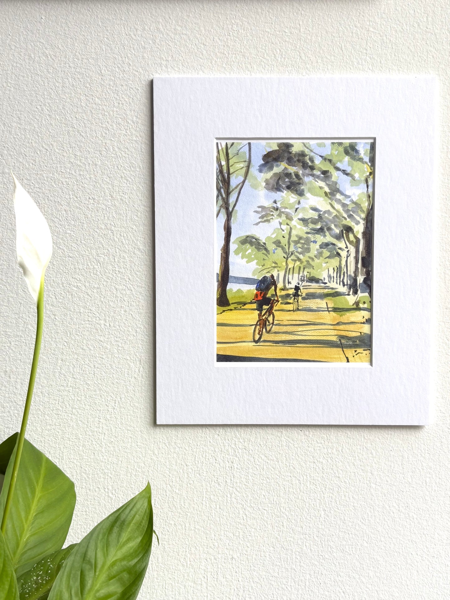 Biking in the Light, Hudson River, bikers, watercolor painting