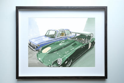 Jaguar E-Type and BMW 2002 Painting, Classic Cars, Watercolor, Print