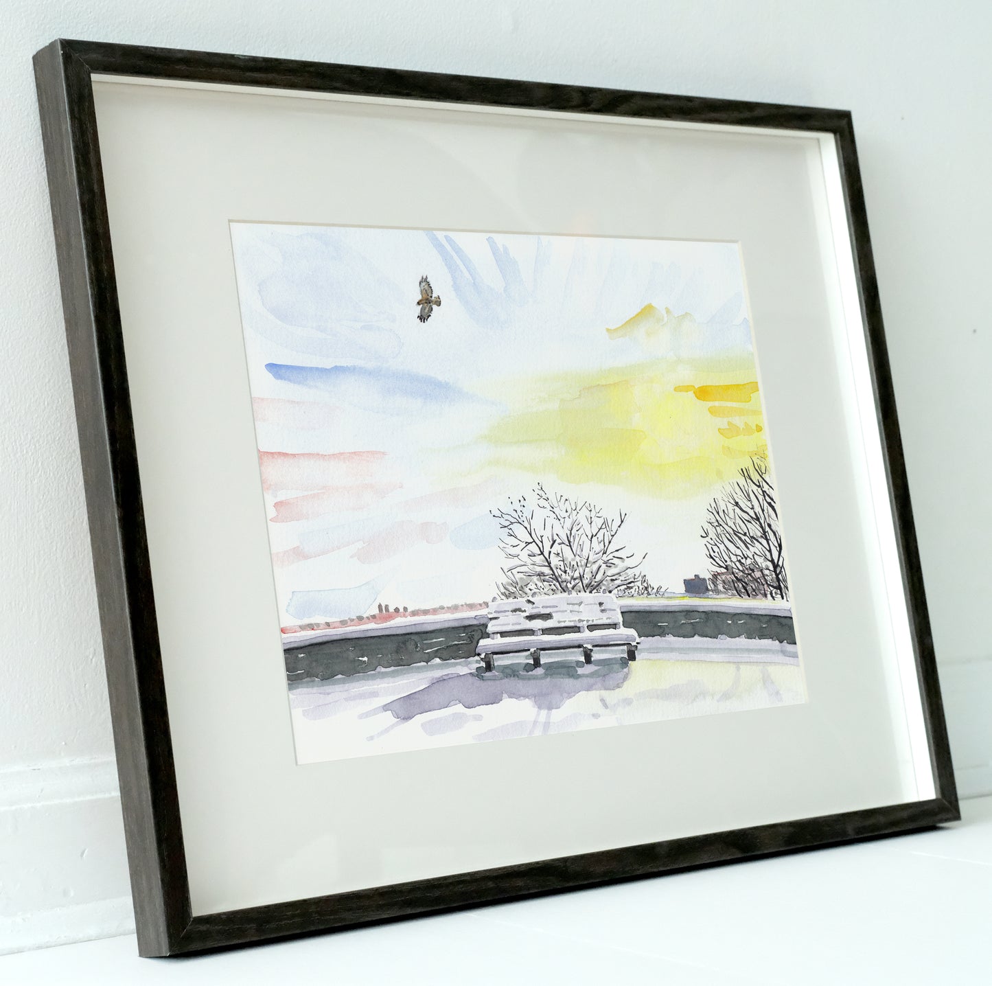 Snow Covered Bench Painting, Hawk, Fort Tryon Park, Watercolor Print, Memorial (Fort Tryon Bench)
