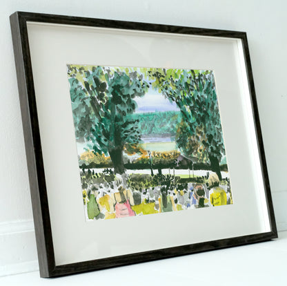 Crowd on Billings Lawn, Watercolor, Plein Air, Hudson River Scene