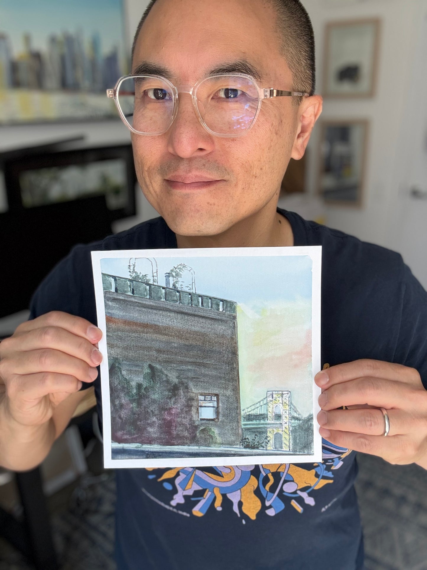 GWB Lit Up & the Pumpkin House, watercolor painting