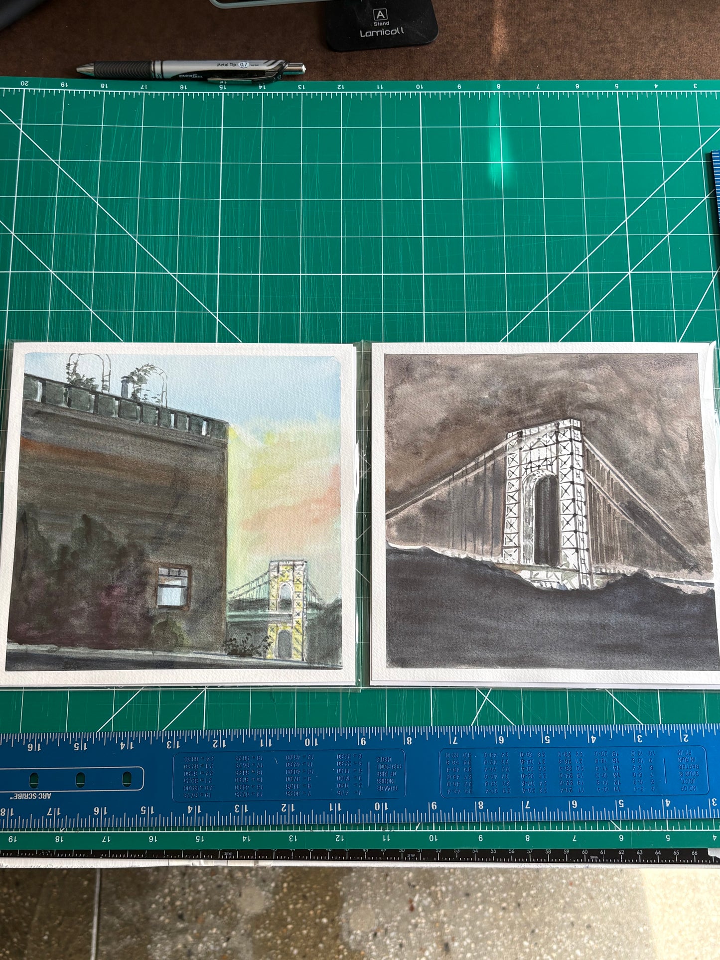 GWB Lit Up & the Pumpkin House, watercolor painting
