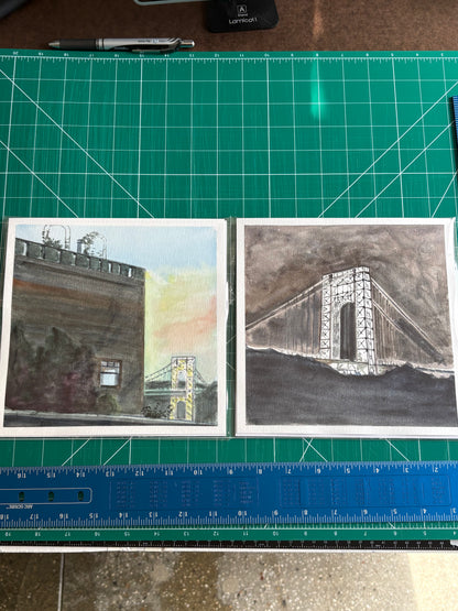 GWB Lit Up & the Pumpkin House, watercolor painting