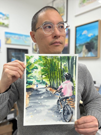 Biking in Hurleyville, Upstate New York, watercolor painting