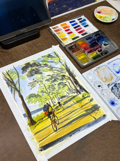 Biking in the Light, Hudson River, bikers, watercolor painting