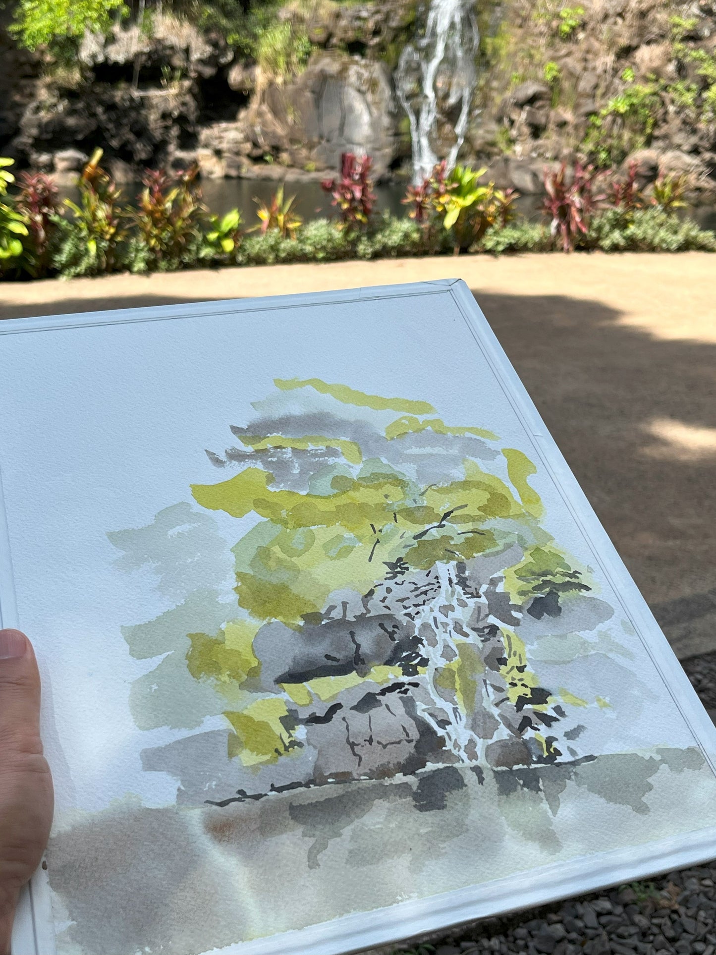 Waimea Falls, Waterfall, Oahu, Watercolor, Plein Air