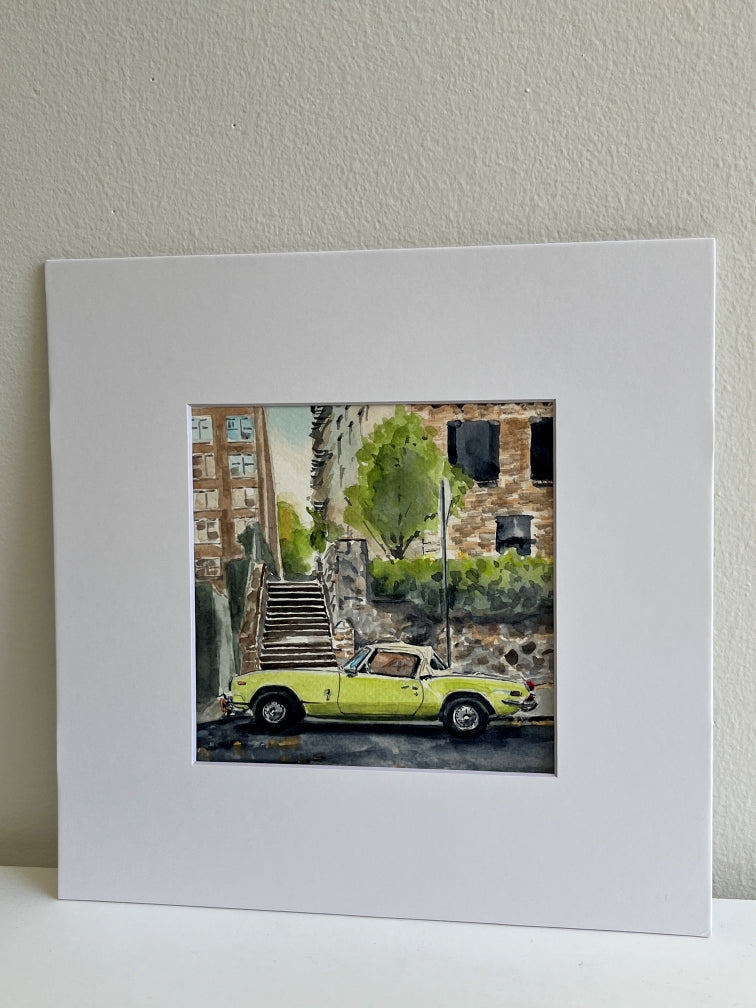 Triumph Spitfire on Cabrini, NYC, watercolor painting