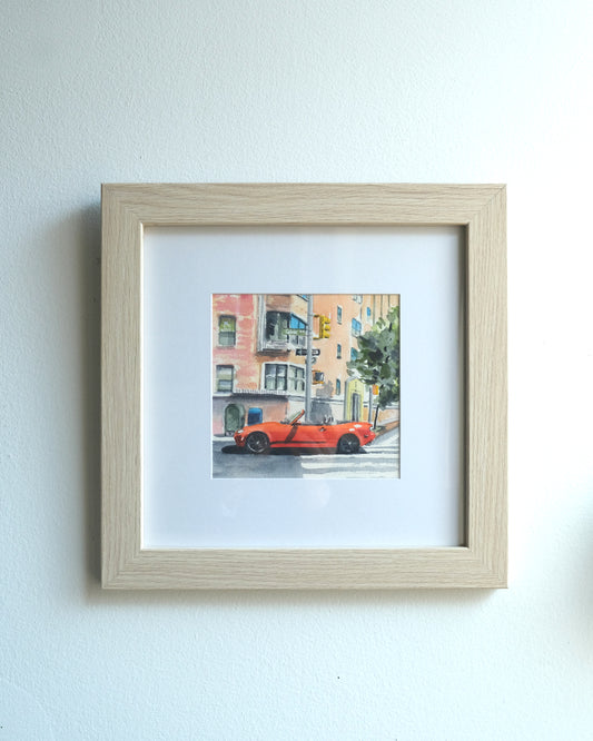 Red Mazda Miata in Intersection, NYC, watercolor painting