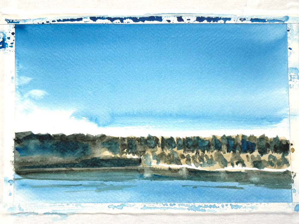 Watercolor landscape with blue sky and green landscape