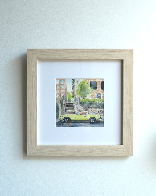 Triumph Spitfire on Cabrini, NYC, watercolor painting