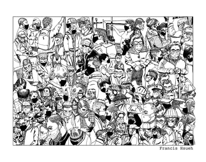 Subway Riders, Masked & Unmasked Option, Black and White Print