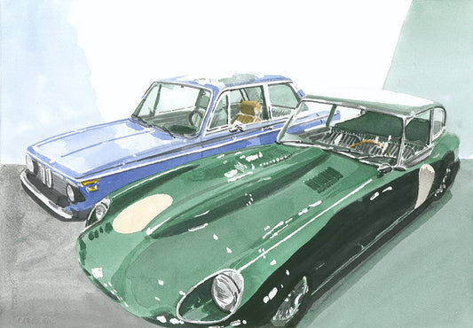 Jaguar E-Type and BMW 2002 Painting, Classic Cars, Watercolor, Print