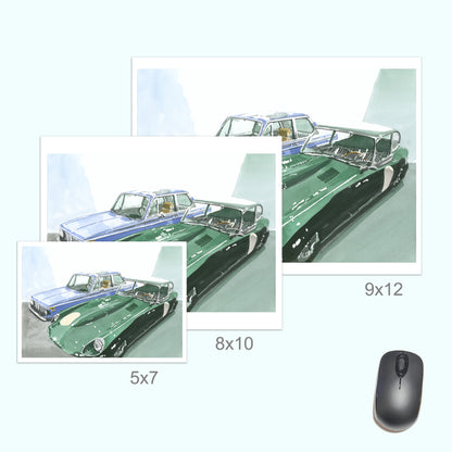Jaguar E-Type and BMW 2002 Painting, Classic Cars, Watercolor, Print