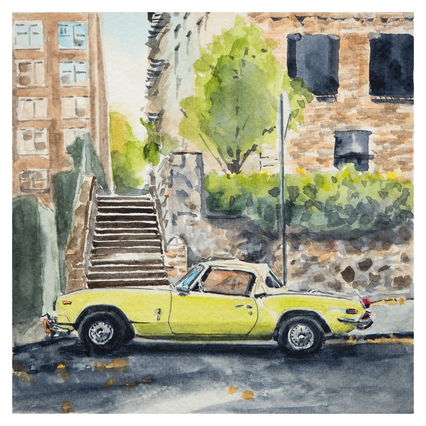 Triumph Spitfire on Cabrini, NYC, watercolor painting