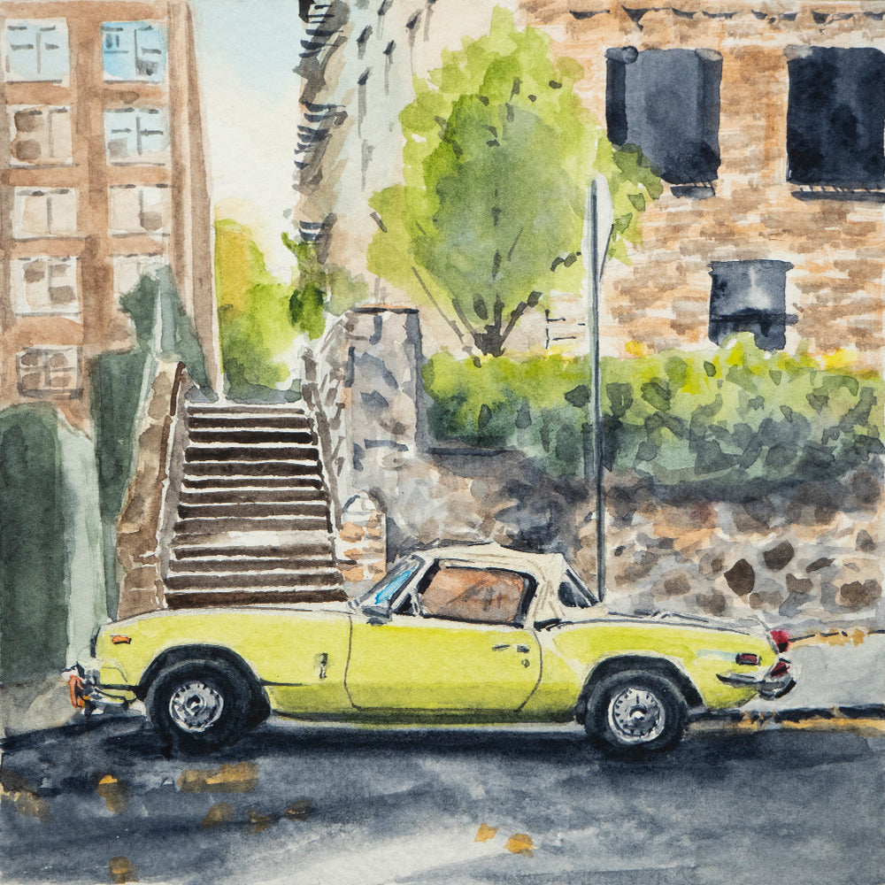 Triumph Spitfire on Cabrini, NYC, watercolor painting