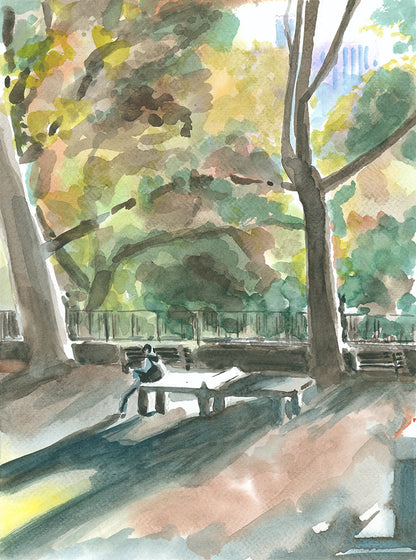 Ping Pong for 1, Version 2, Fort Tryon Park, NYC, watercolor painting