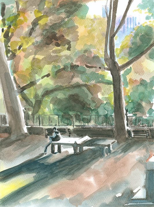 Ping Pong for 1, Version 2, Fort Tryon Park, NYC, watercolor painting