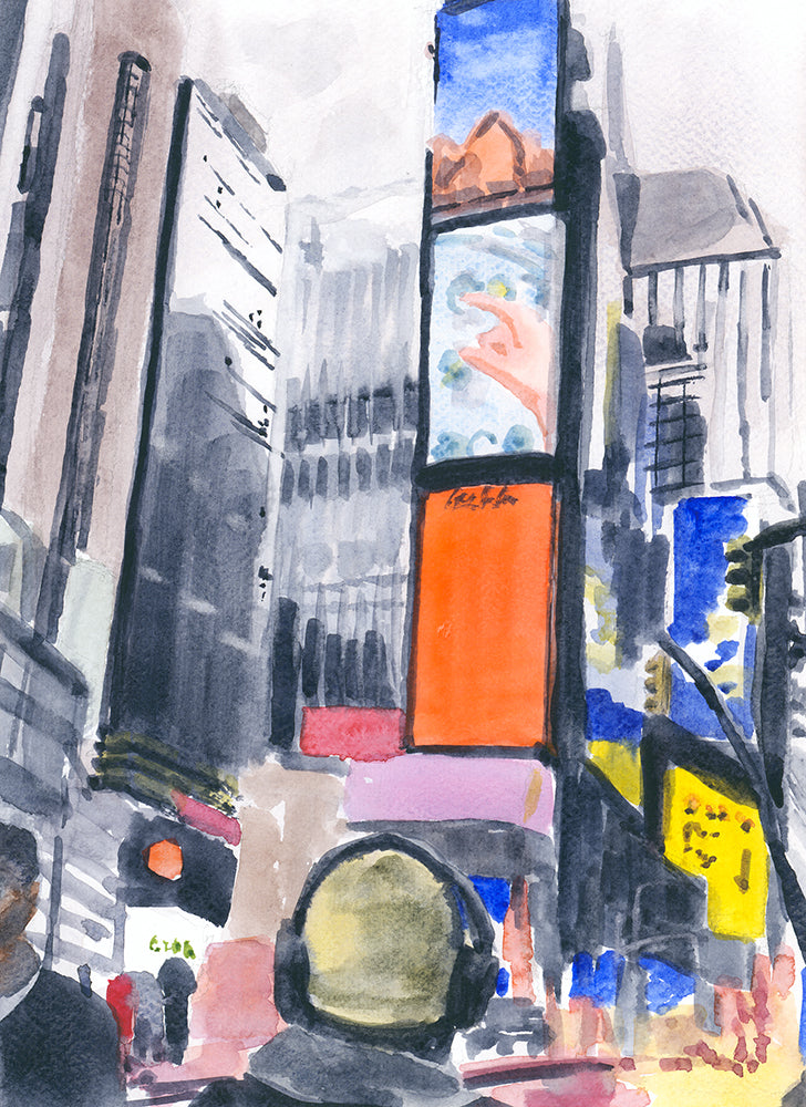 Blocking It All Out, Times Square, Headphones, watercolor painting