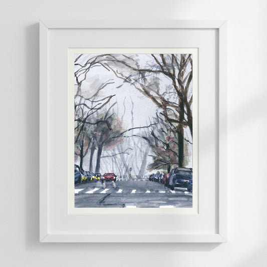 The Fog Is Here, 190th Street, NYC, watercolor painting