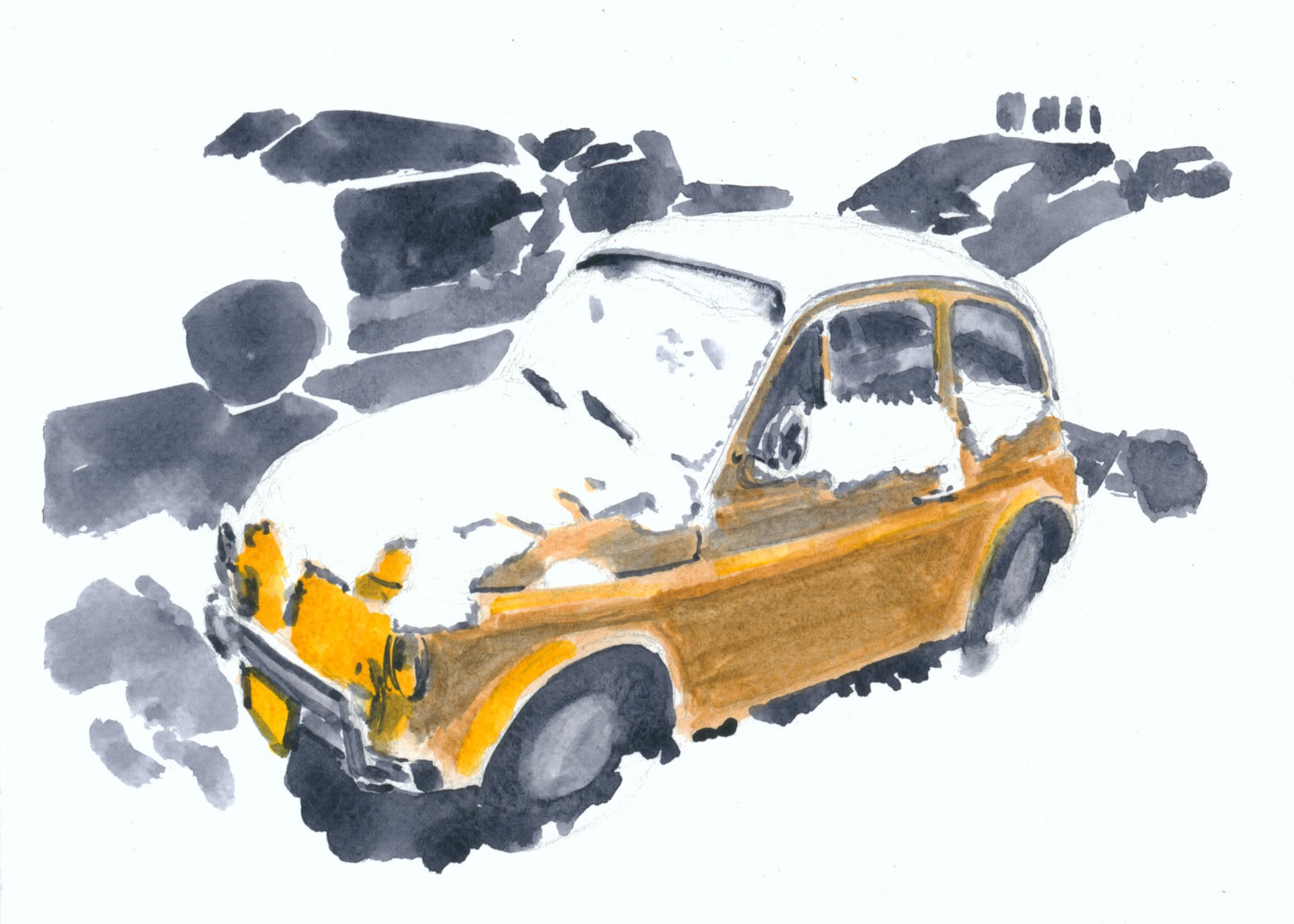 Fiat 500 in the Snow, NYC, watercolor painting
