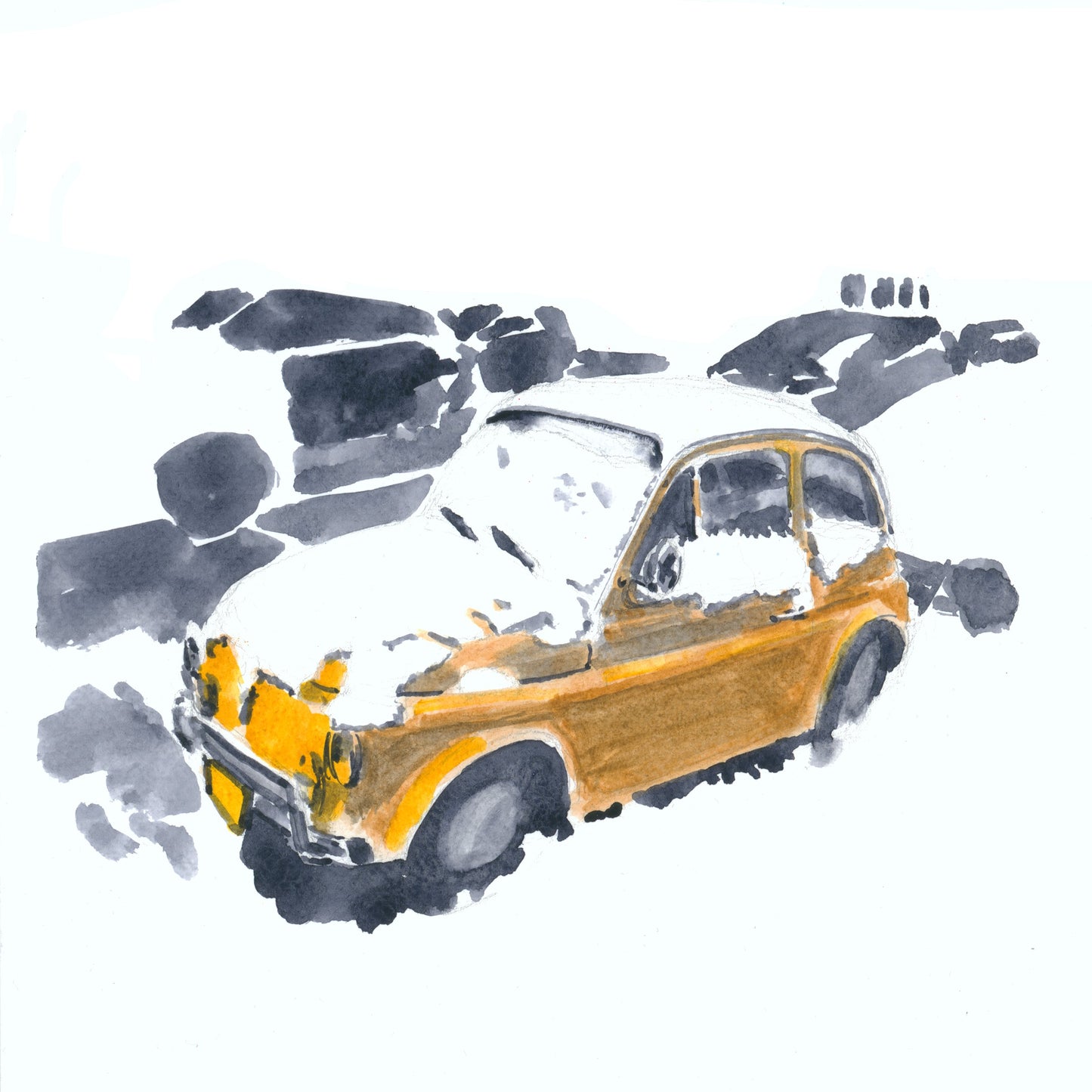 Fiat 500 in the Snow, NYC, watercolor painting