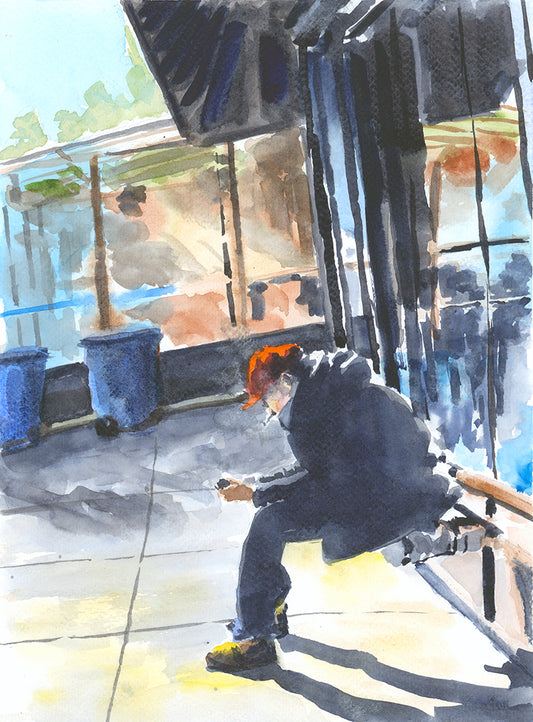 A Smoke in the Sun, 187th Street, NYC, watercolor painting