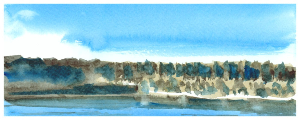 Close-up of a painting with blue and gray patterns against a blue sky.