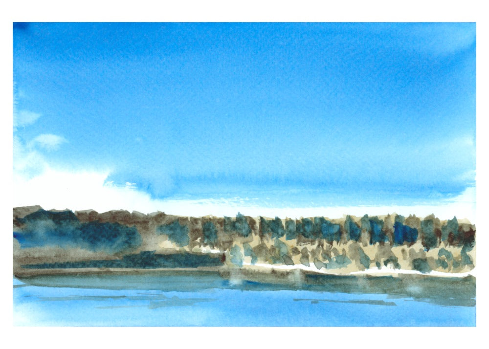 Close-up of a blue and white painting with a blue sky background