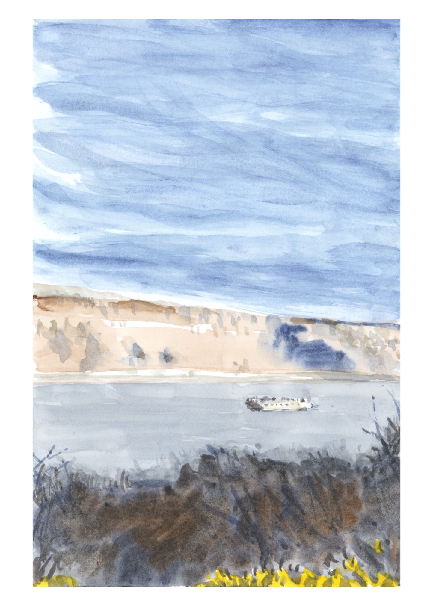 Ship On The Hudson, NYC, watercolor painting