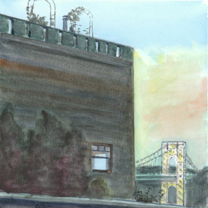GWB Lit Up & the Pumpkin House, watercolor painting
