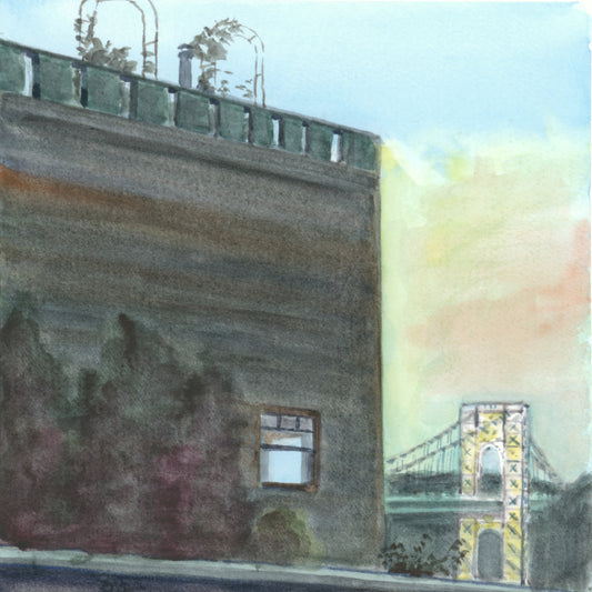 GWB Lit Up & the Pumpkin House, watercolor painting