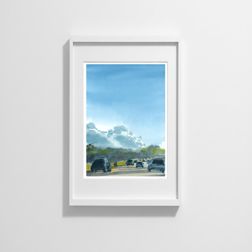 I-95 Sunset After College Dropoff, Boston, art print, watercolor