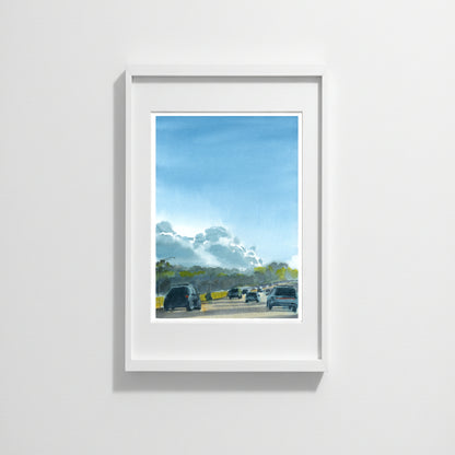 I-95 Sunset After College Dropoff, Boston, art print, watercolor