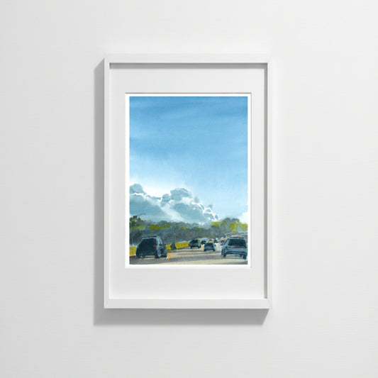 I-95 Sunset After College Dropoff, Boston, art print, watercolor
