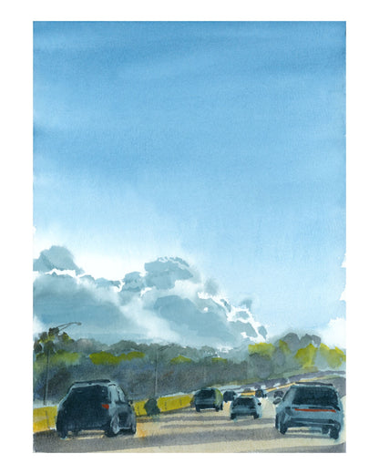I-95 Sunset After College Dropoff, Boston, art print, watercolor