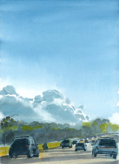 I-95 Sunset After College Dropoff, Boston, art print, watercolor