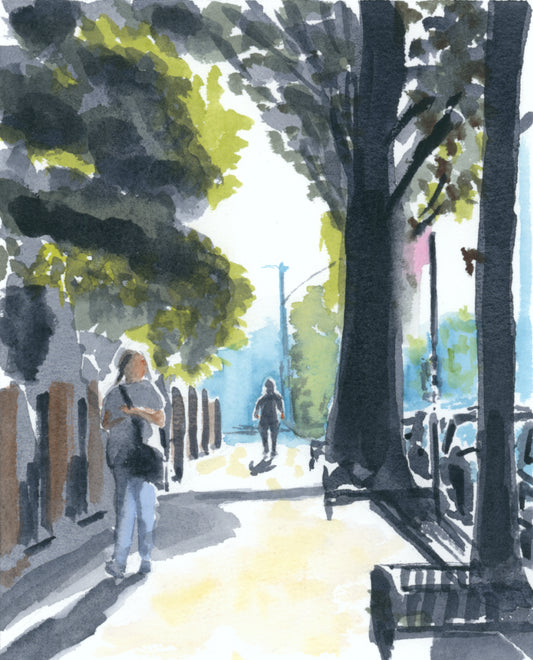 Fall Sun in the City, Uptown, NYC, watercolor painting
