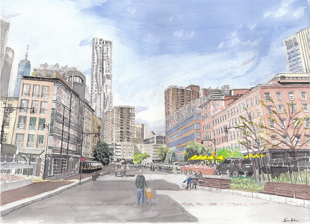 Peck Slip Plaza Painting, Manhattan, Tribeca, Downtown, Watercolor Print