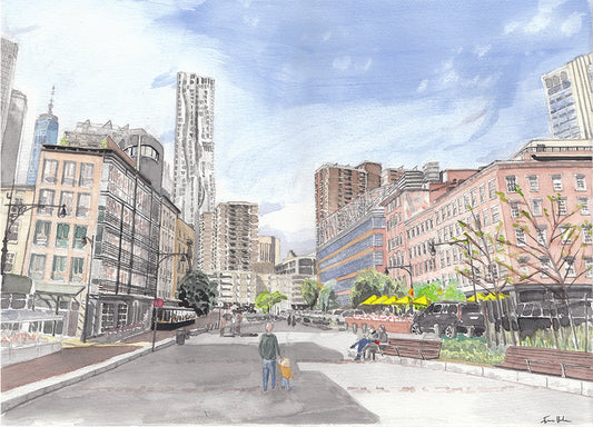 Peck Slip Plaza Painting, Manhattan, Tribeca, Downtown, Watercolor Print