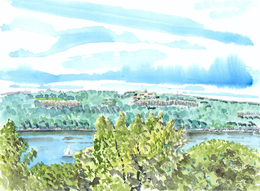View of The Cliffs of New Jersey, Uptown Manhattan, Fort Tryon Park, Watercolor, Plein Air