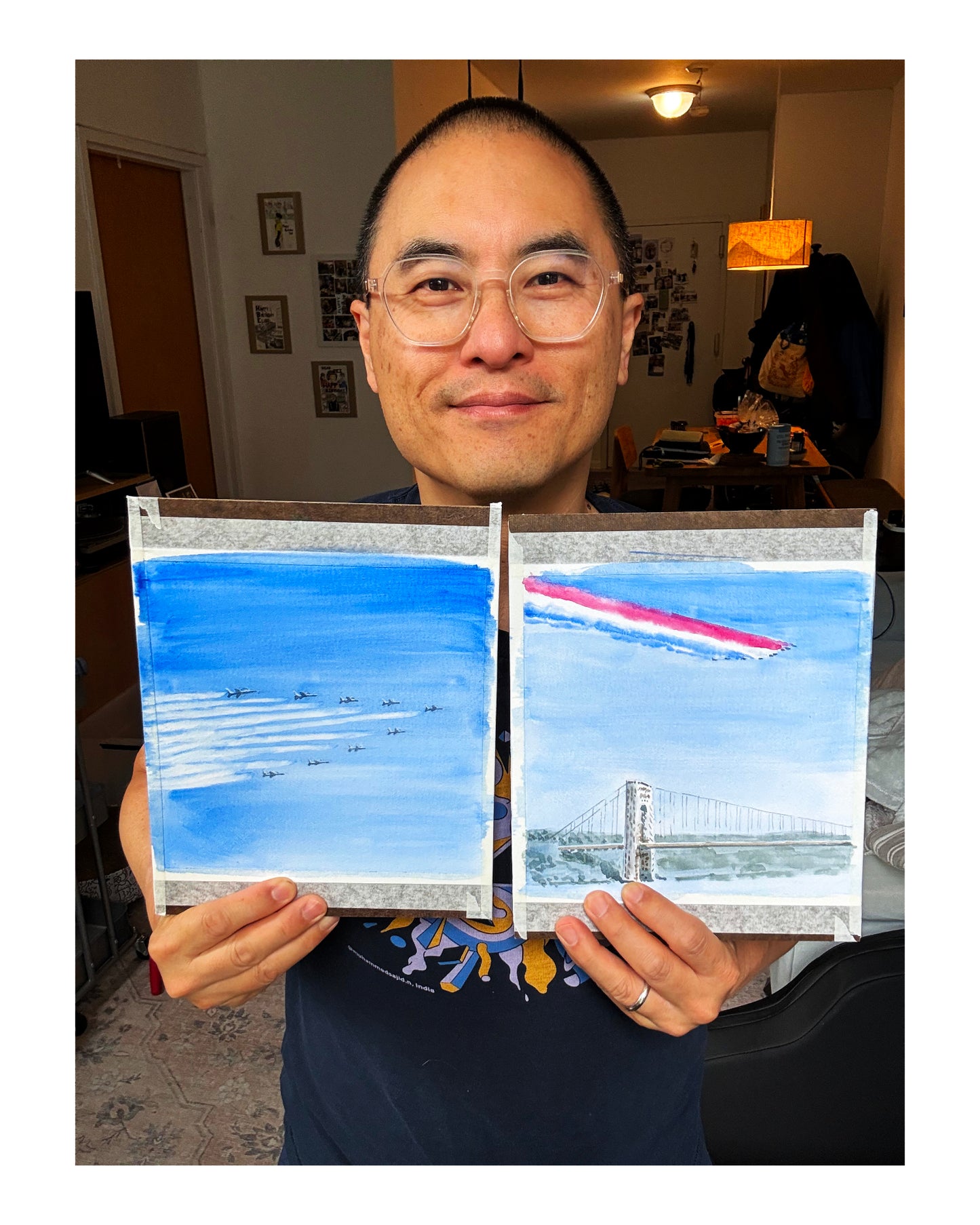 Flyover Hudson River, GWB, Patrouille de France, watercolor painting