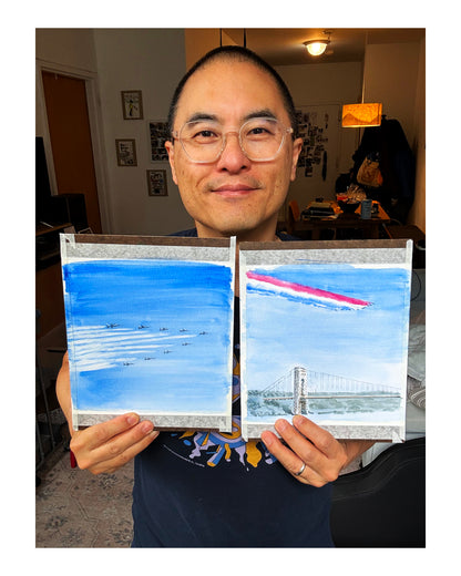 Flyover Hudson River, GWB, Patrouille de France, watercolor painting