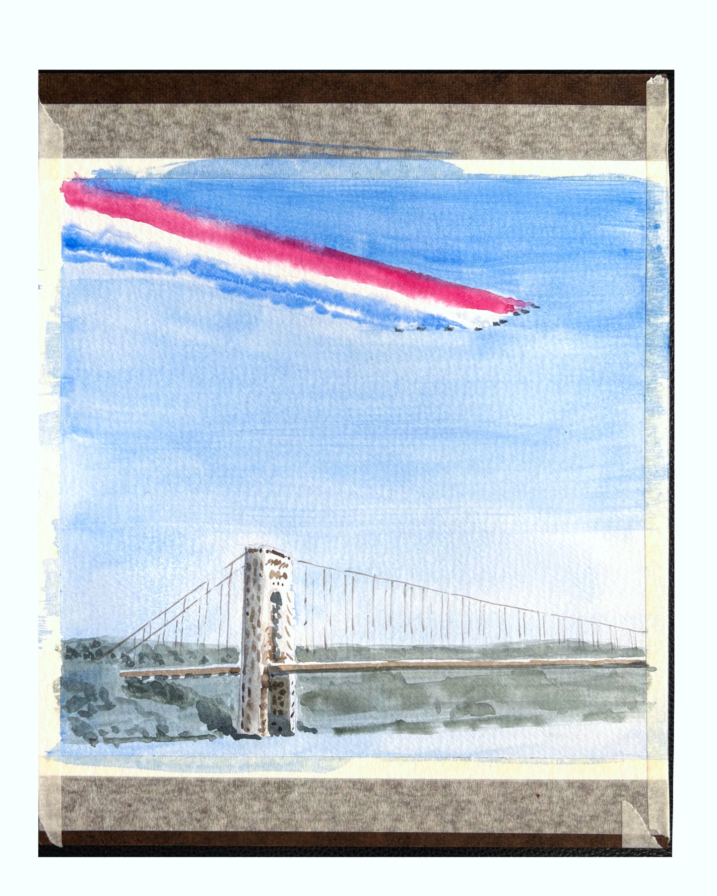 Flyover Hudson River, GWB, Patrouille de France, watercolor painting
